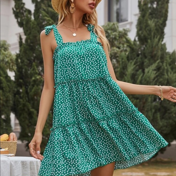 Dresses & Skirts - Dots tie shoulder ruffle hem mini dress